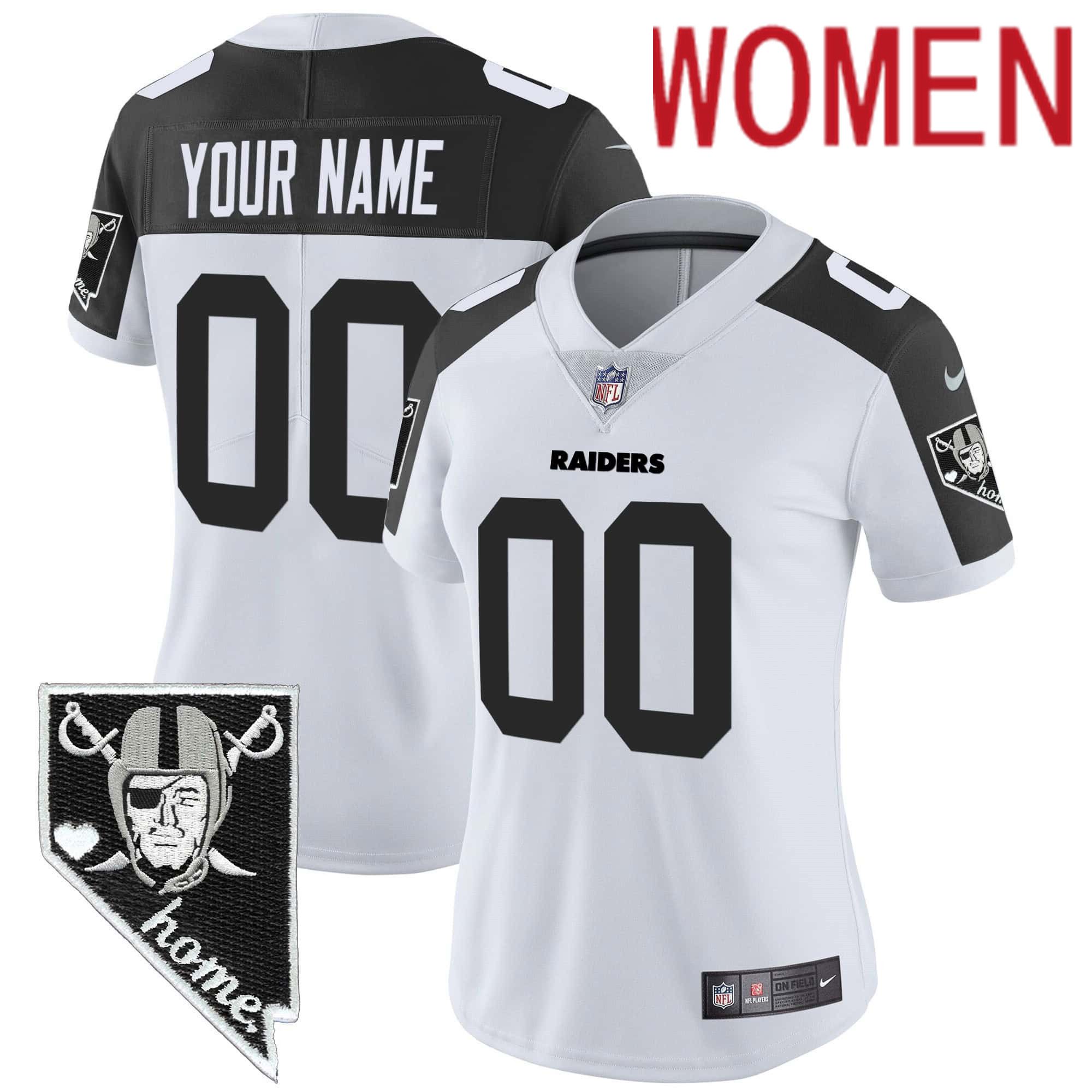 Women Oakland Raiders White 2024 Nike Nevada Home Patch Vapor Custom NFL Jersey style 1->customized nfl jersey->Custom Jersey